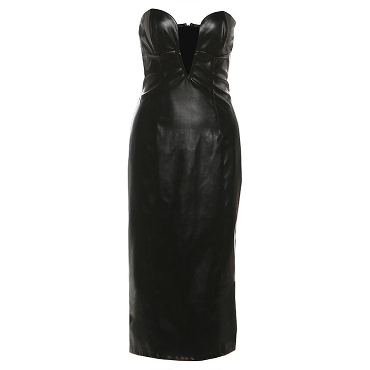 Damen figurbetontes Lederkleid mit herzförmigem Ausschnitt und eleganten Raffungselementen Echo Archiv