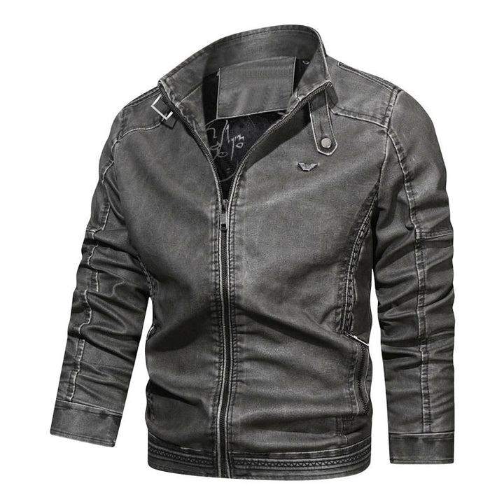 Herren Jeansjacke im Vintage‑Army‑Look mit Stehkragen, Ziersteppungen und Ärmelfalten – Denvaro