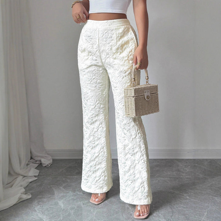 Damen hochgeschnittene Jacquard-Hose mit floralem Stickmuster, weitem Beinschnitt und Eingrifftaschen – Avérine