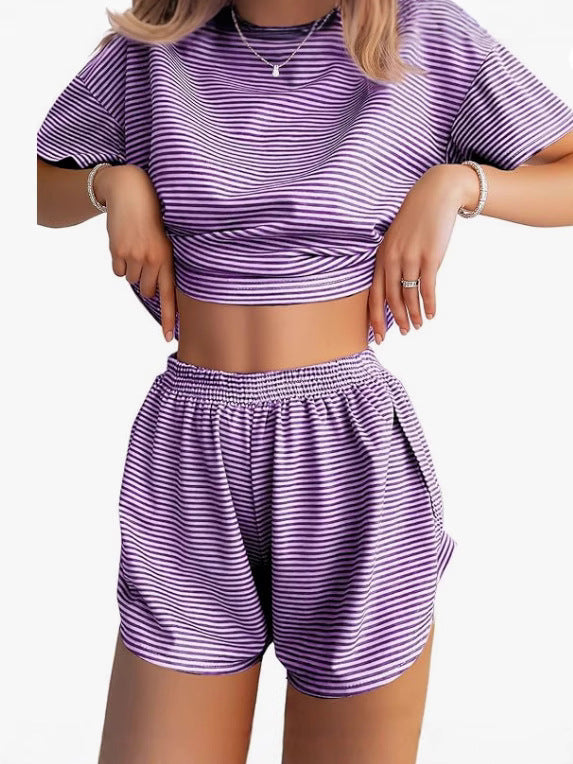 Damen Lässiges Streifen-Set mit weitem T-Shirt und Shorts Echo Archiv