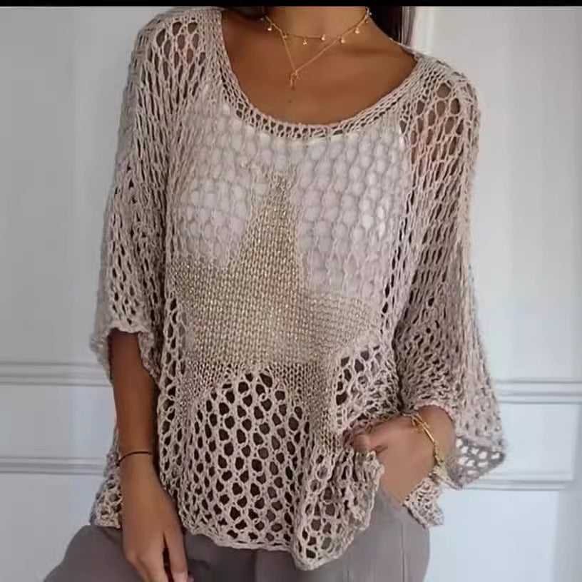 Damen nan oversized gehäkelter Pullover mit Sternapplikation und 3/4-Ärmeln Echo Archiv