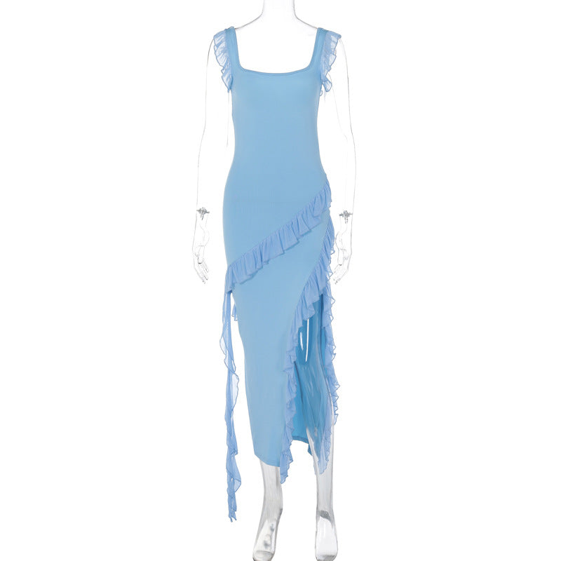 Damen asymmetrisches Maxi-Kleid mit Rüschendetails und hohem Schlitz Echo Archiv