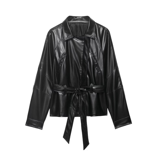 Damen Kurze Lederoptik-Trenchjacke mit Taillengürtel und überschnittenen Raglanärmeln Echo Archiv
