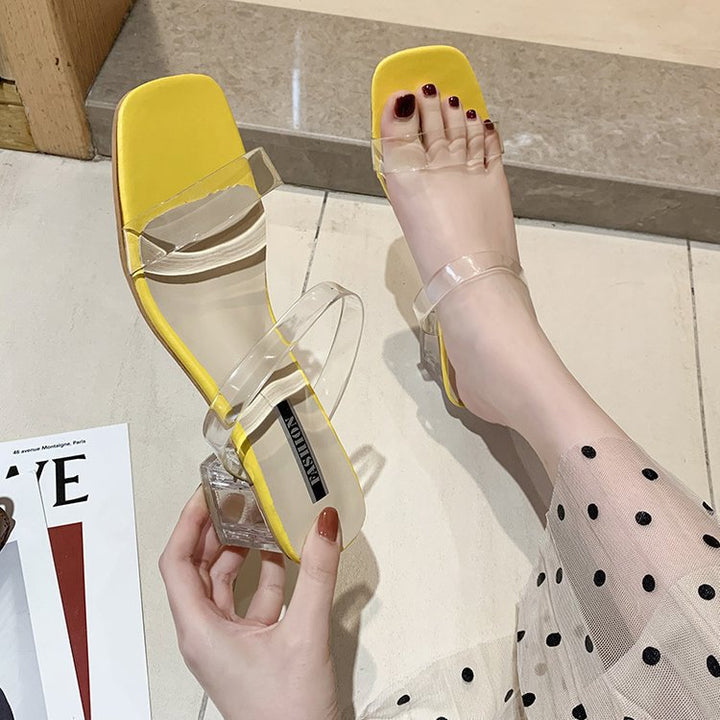 Damen Transparente Slide-Sandalen mit einzigartigem Blockabsatz Echoarchiv