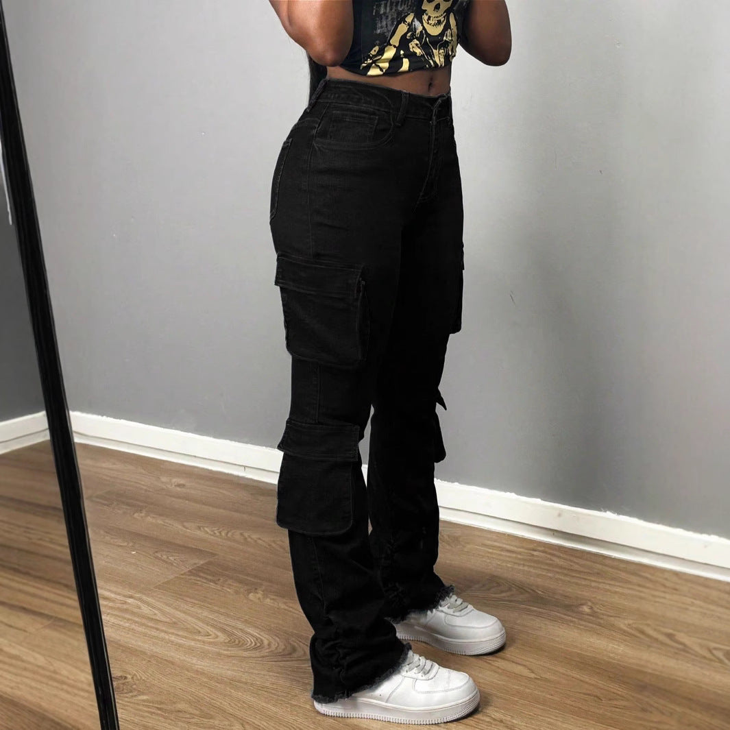Damen Hochtaillierte Cargo-Jeans mit Mehrfach-Pattentaschen und langem Bein Echo Archiv