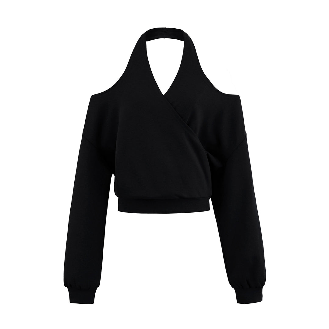 Damen Cropped Sweatshirt mit Neckholder, Cold-Shoulder und Wickeloptik Echoarchiv