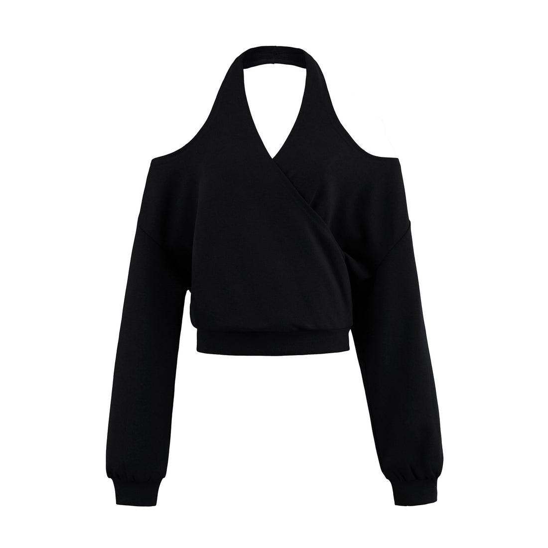 Damen Cropped Sweatshirt mit Neckholder, Cold-Shoulder und Wickeloptik Echoarchiv