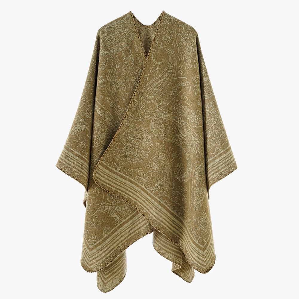 Damen Jacquard-Poncho im Ruana-Schnitt mit Paisley-Muster und breiter Bordüre – Avérine