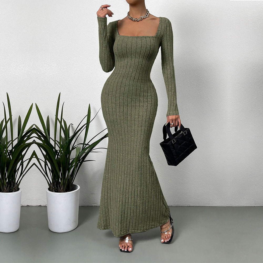 Damen geripptes Sculpting-Maxikleid mit Quadratausschnitt und taillierter Meerjungfrauen‑Silhouette – Valéora