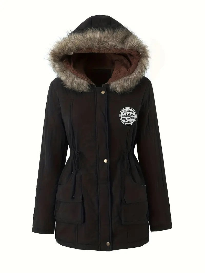 Damen taillierter Parka mit Teddyfutter, Kunstfellkapuze und Multifunktions-Taschen – Montévia