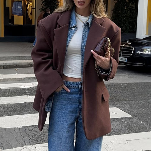 Damen oversized Longblazer mit kastigem Schnitt, Reverskragen, gefütterten Pattentaschen und strukturierter Wollmischung – Célinea