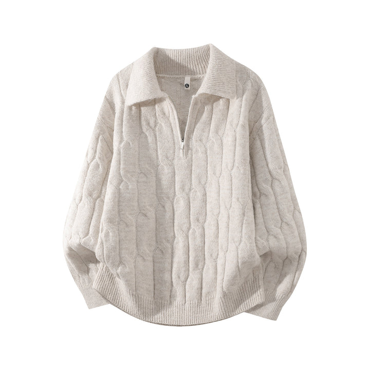 Unisex Oversize Zopfstrickpullover mit Halbreißverschluss und Hemdkragen Echoarchiv