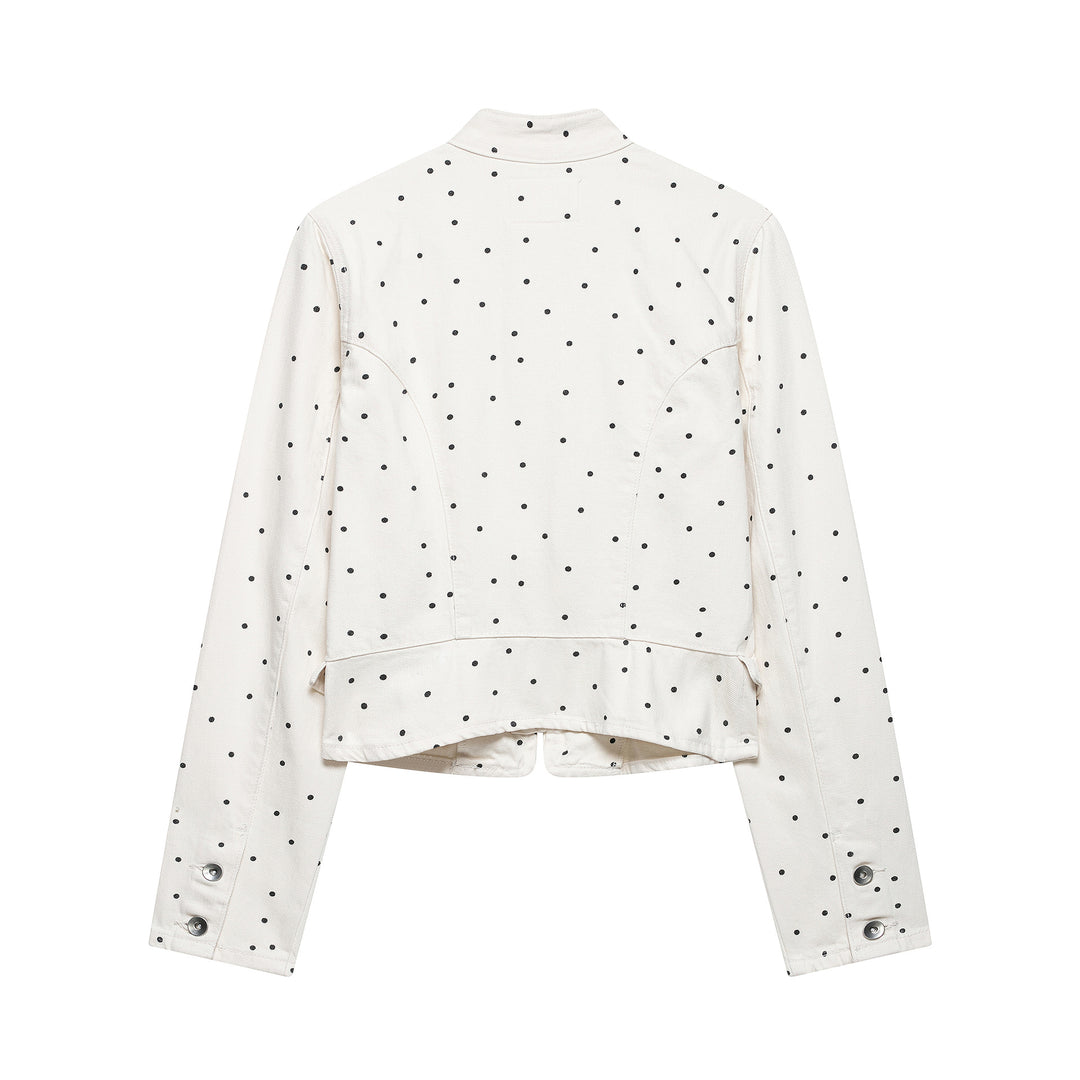 Damen Gepunktete Cropped Jeansjacke mit Stehkragen, Reißverschluss und Pattentaschen Echoarchiv
