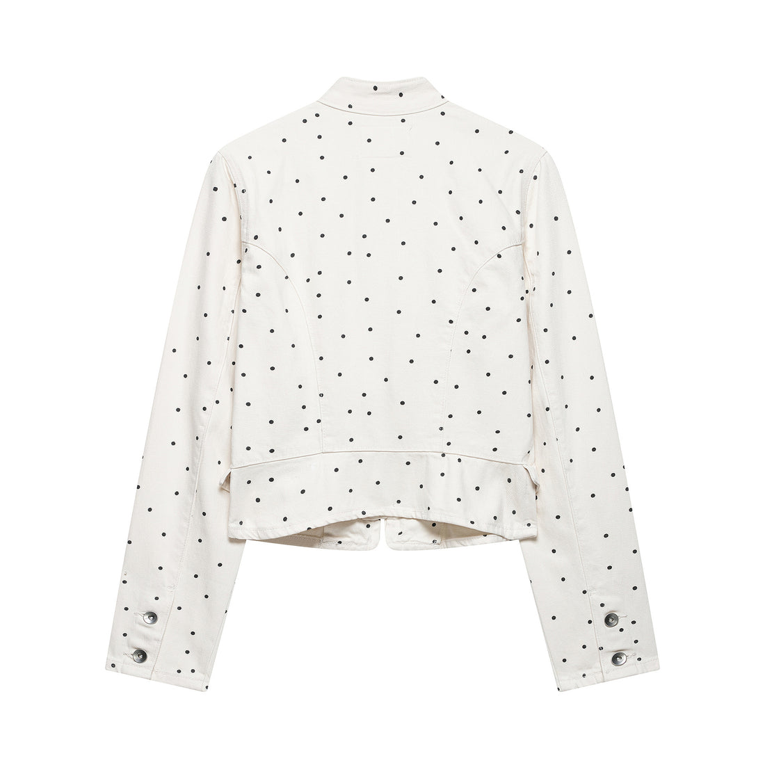 Damen Gepunktete Cropped Jeansjacke mit Stehkragen, Reißverschluss und Pattentaschen Echoarchiv