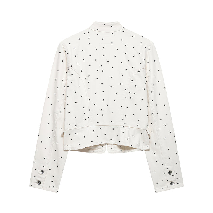 Damen Gepunktete Cropped Jeansjacke mit Stehkragen, Reißverschluss und Pattentaschen Echoarchiv