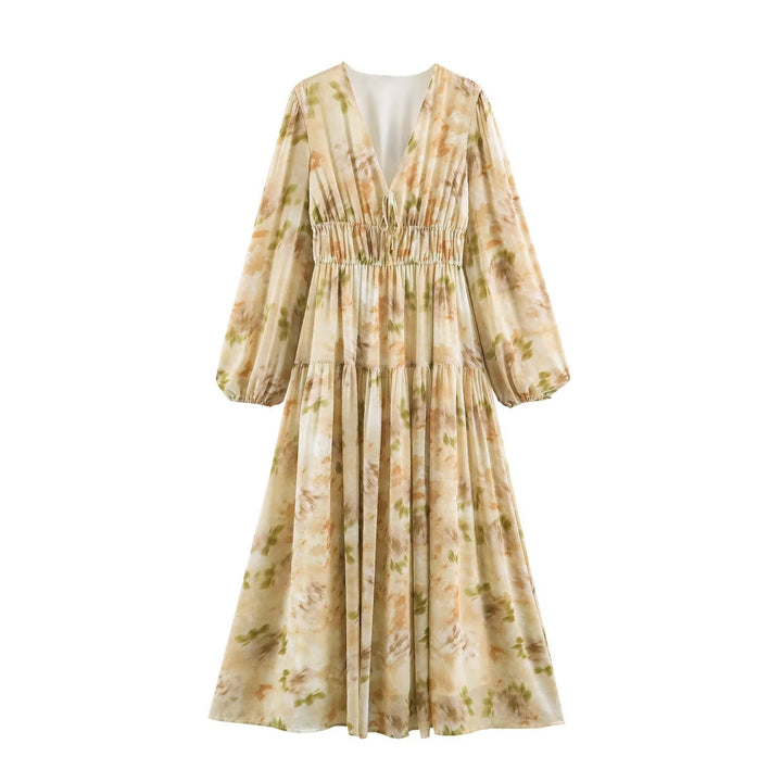 Damen Luftiges Chiffon-Midikleid mit tiefem V-Ausschnitt, geraffter Smock-Taille und Volantstufen Echo Archiv