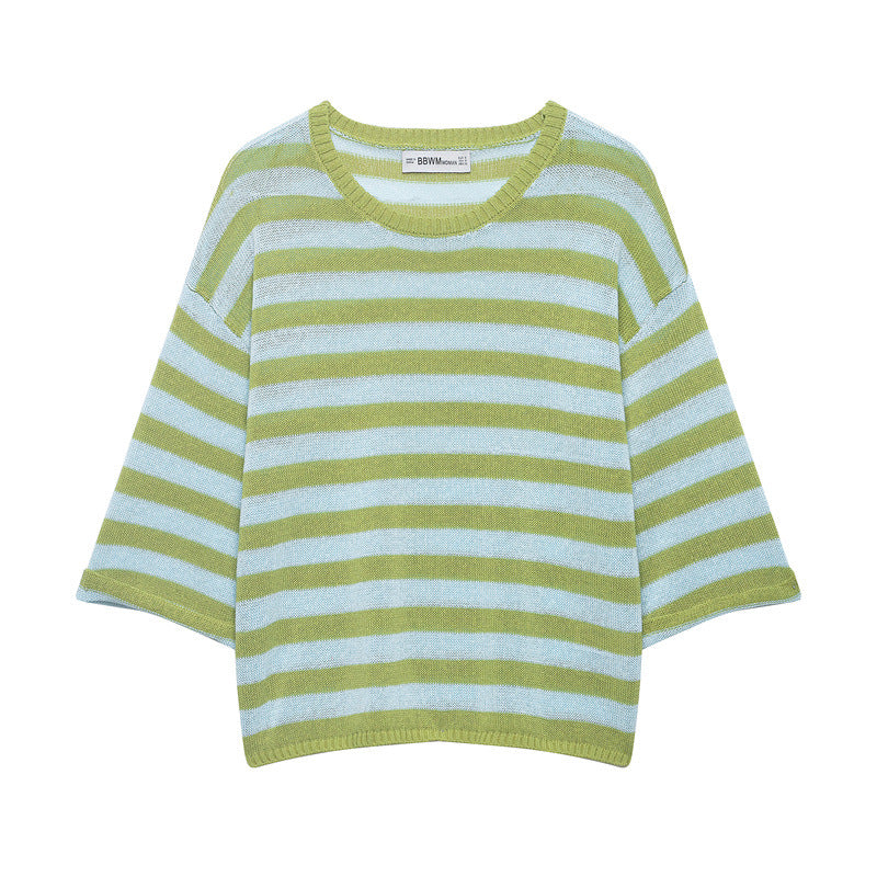 Damen Gestreifter Oversize-Strickpullover mit weitem dreiviertelärmel und Rundhalsausschnitt Echo Archiv