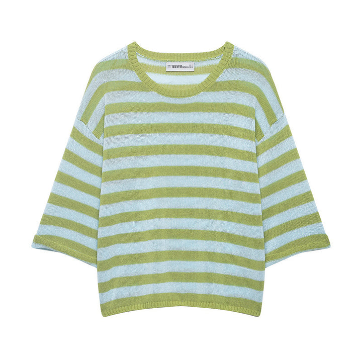 Damen Gestreifter Oversize-Strickpullover mit weitem dreiviertelärmel und Rundhalsausschnitt Echo Archiv