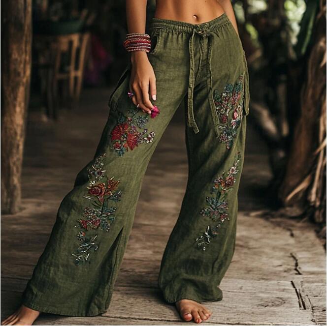 Damen weite Leinenhose mit floralen Stickereien Echoarchiv