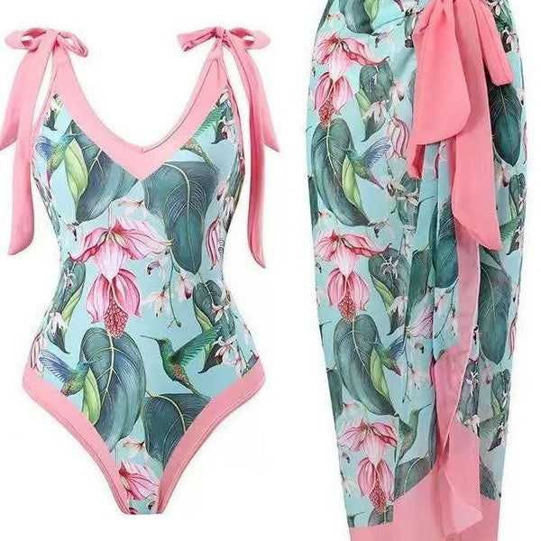 Damen Badeanzug mit floralem Design und transparentem Wickelrock Echo Archiv