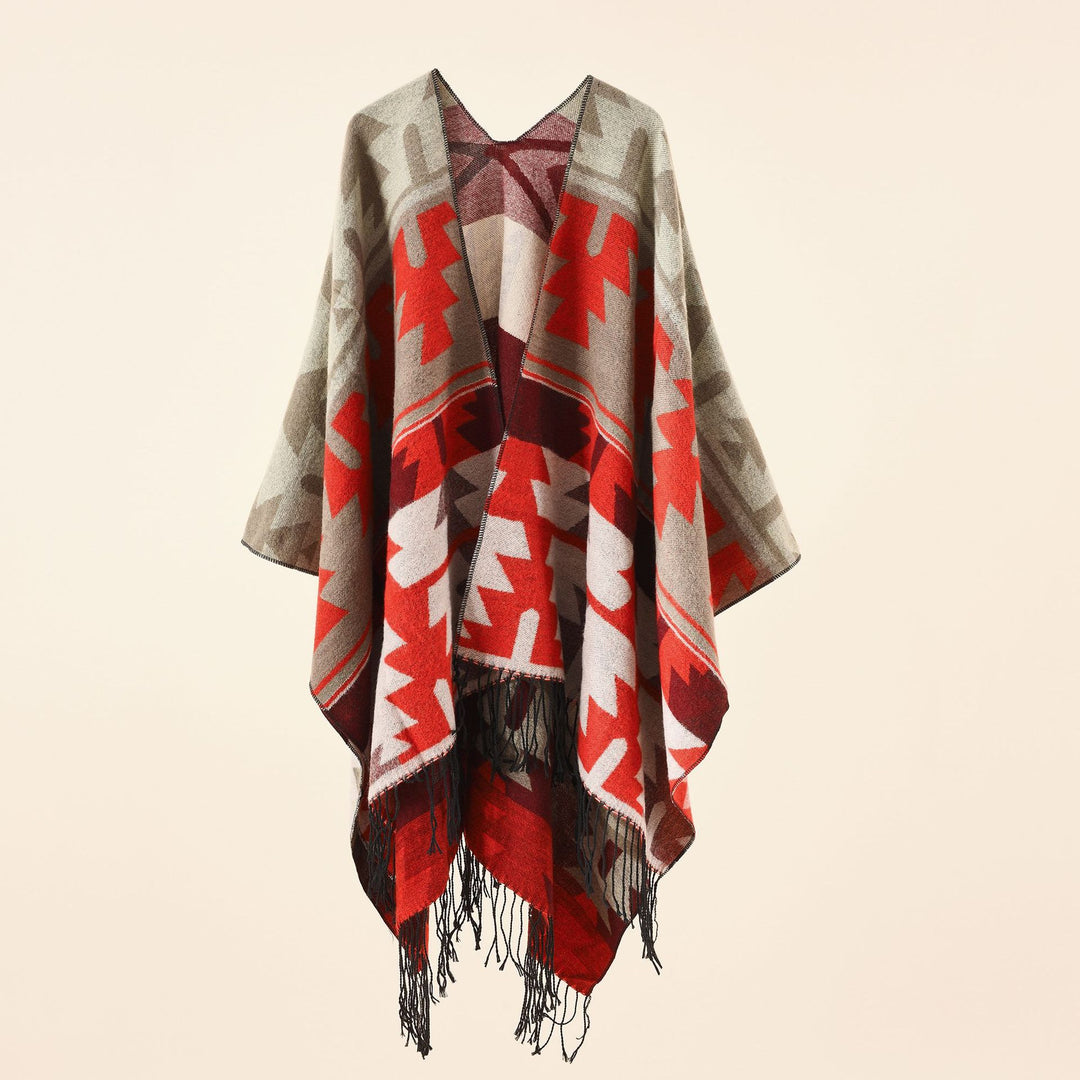 Damen Oversize-Ruana mit V‑Ausschnitt, grobem Jacquardmuster und langen Fransen Echo Archiv
