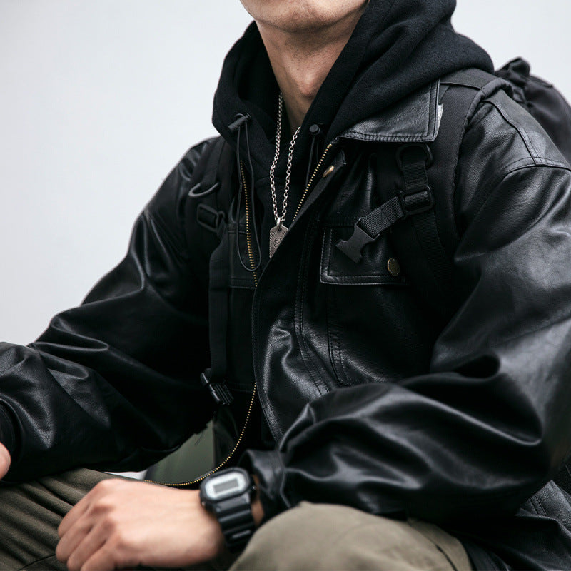 Herren Oversized Lederoptik-Utility-Jacke mit Pattentaschen und elastischem Saum Echoarchiv