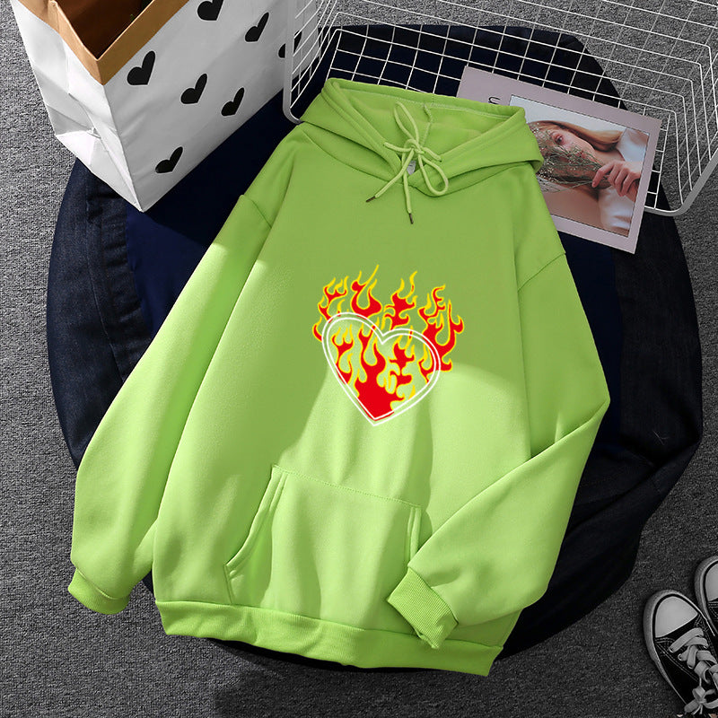 Damen leichter Oversize Kapuzenpullover mit Herz‑EKG‑Motiv, langen Kordeln und elastischem Bund – Auréline