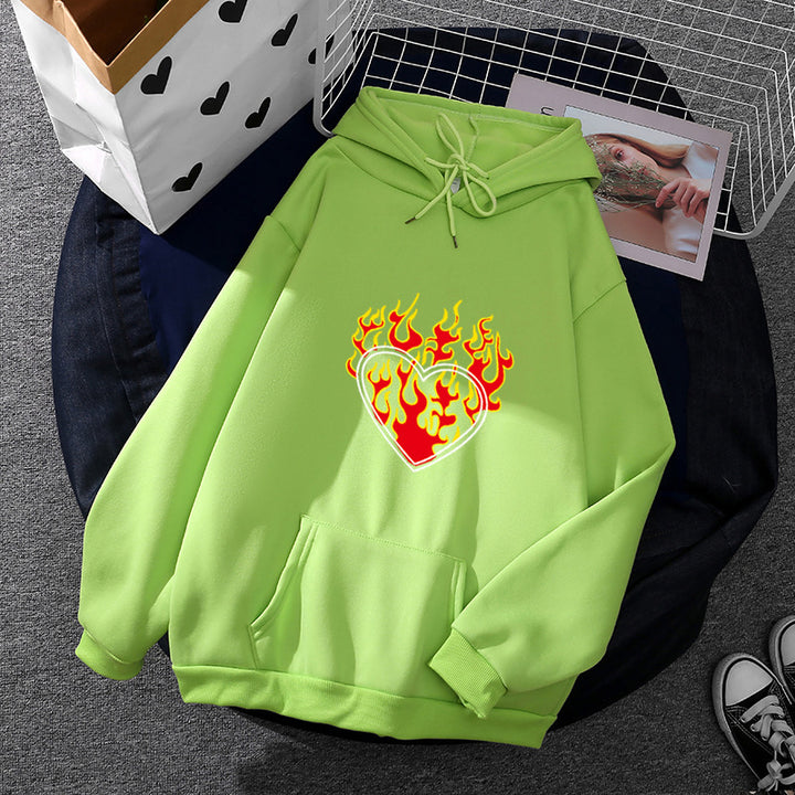 Damen leichter Oversize Kapuzenpullover mit Herz‑EKG‑Motiv, langen Kordeln und elastischem Bund – Auréline