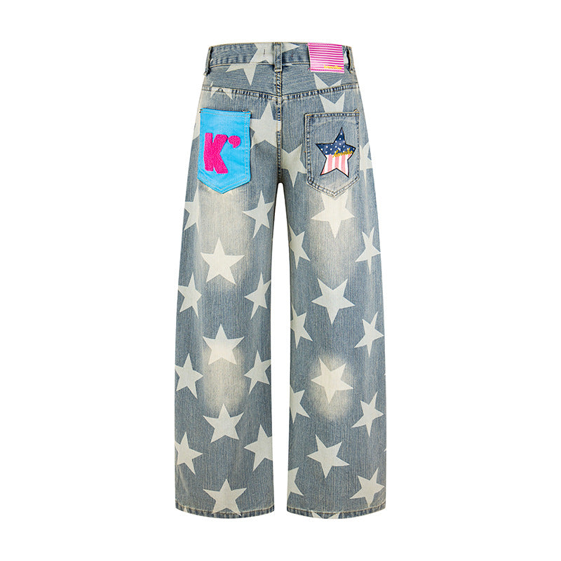 Damen Weite Hochbund-Culotte-Jeans mit hoher Taille und Allover-Sterneprint Echoarchiv