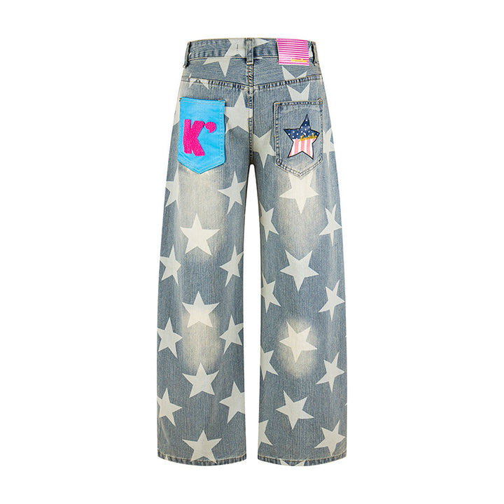 Damen Weite Hochbund-Culotte-Jeans mit hoher Taille und Allover-Sterneprint Echoarchiv