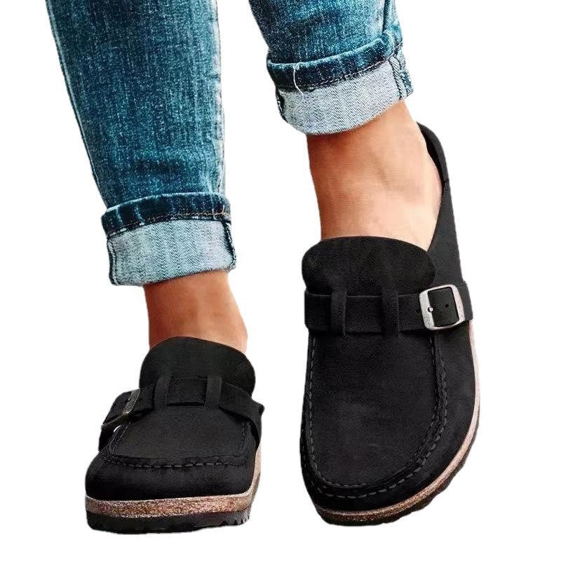 Damen Veloursleder-Slipper mit ergonomischer Korksohle und verstellbarem Schnallenriemen – Lioré