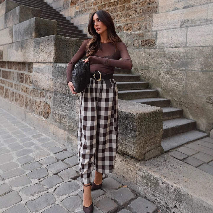 Damen Karo-Hochtaillierte Palazzo-Hose mit weitem Bein & Bundfalten Echoarchiv