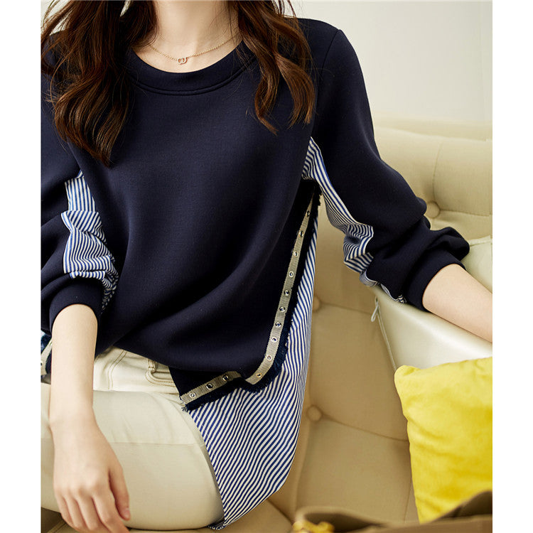 Damen nan Lagenlook-Sweatshirt mit gestreiftem Hemdsaum, Zierriegeln und verlängertem Rückteil Echo Archiv