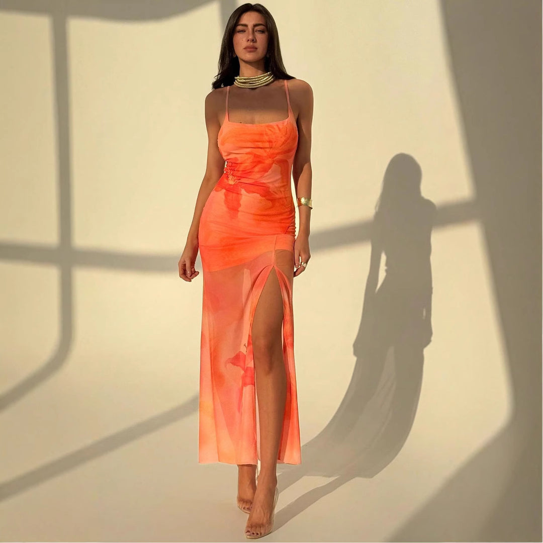 Damen Maxikleid mit seitlichem Schlitz und floralen Akzenten Echo Archiv