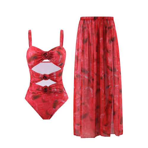Damen Einteiler Badeanzug mit floralem Design und transparentem Überrock Echo Archiv