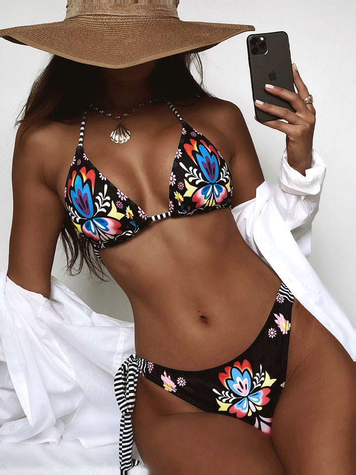 Damen Bunt gemusterter Triangel-Bikini mit verspielten Bindebändern Echo Archiv