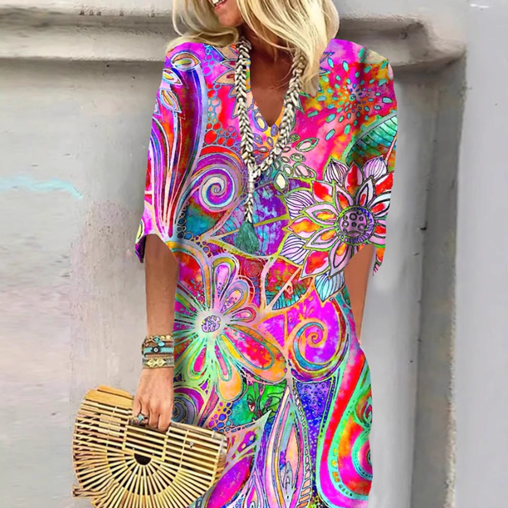 Damen nan leichtes Boho-Kaftankleid mit V-Ausschnitt, lockerer Silhouette und dreiviertelärmeln Echo Archiv
