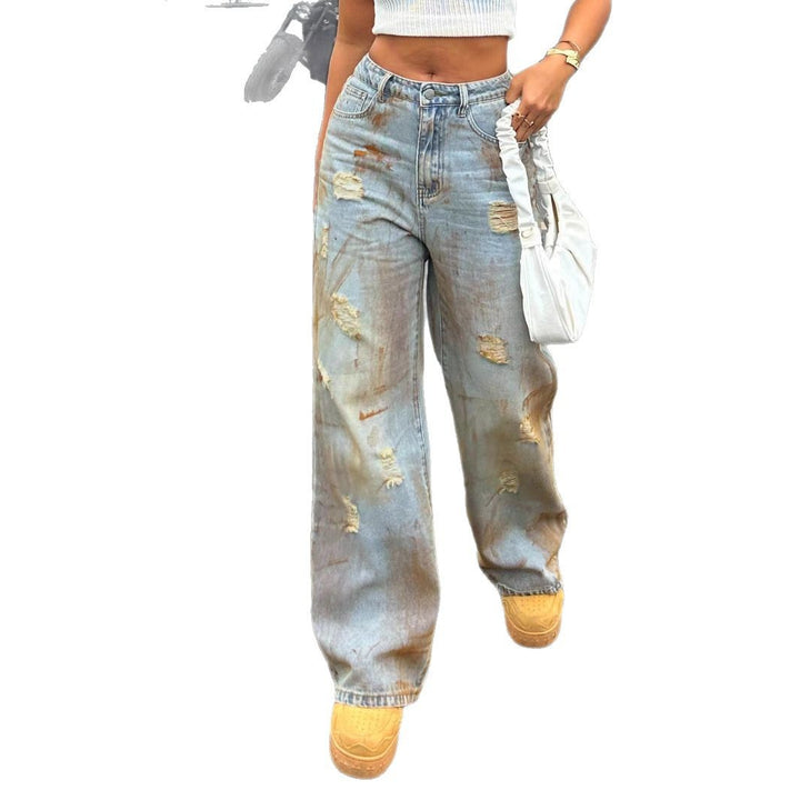 Damen Hochgeschnittene weitgeschnittene Destroyed-Jeans mit Rost-Effekt und legerer Passform Echo Archiv