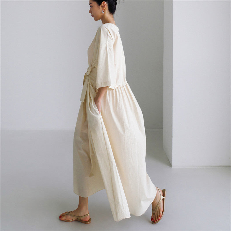 Damen Langes Baumwoll-Maxikleid mit Wickelgürtel und Eingrifftaschen Echoarchiv