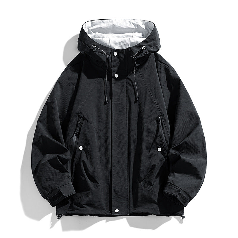Unisex leichte winddichte Outdoor-Jacke mit Kapuze, wasserabweisende Außenschale und verstellbarem Saum – Taviero