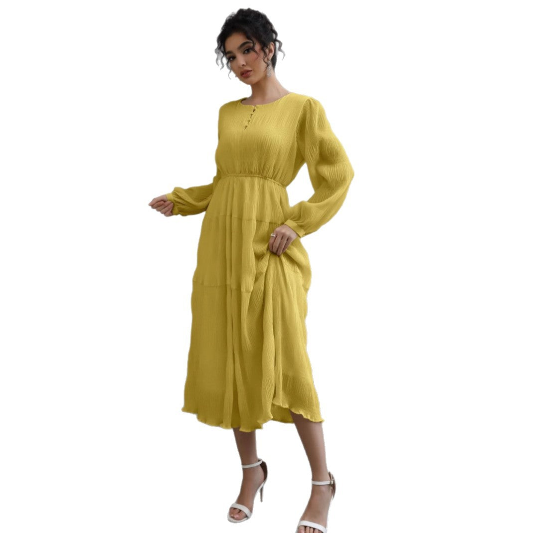 Damen Midikleid aus Crêpe mit Stufenrock, geraffter Taille und Ballonärmeln – Élara