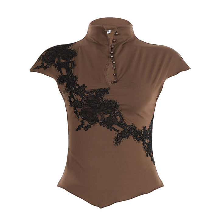 Damen Elegantes Poloshirt mit Spitzenapplikation und Knopfdetails Echo Archiv