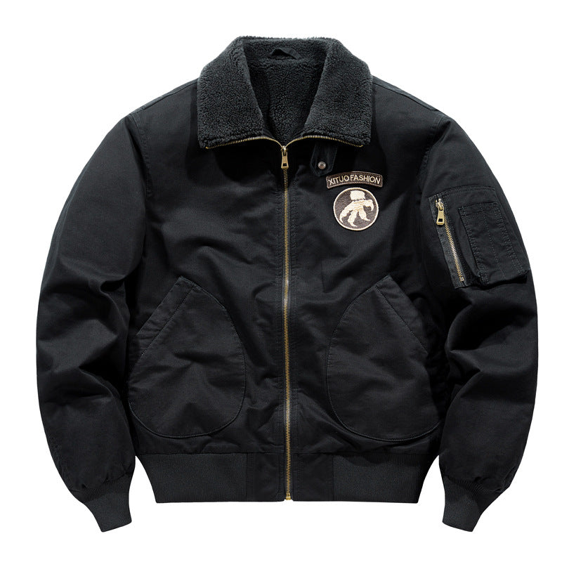 Men's shearling-collar aviator bomber jacket with utility sleeve pocket – Brevano
