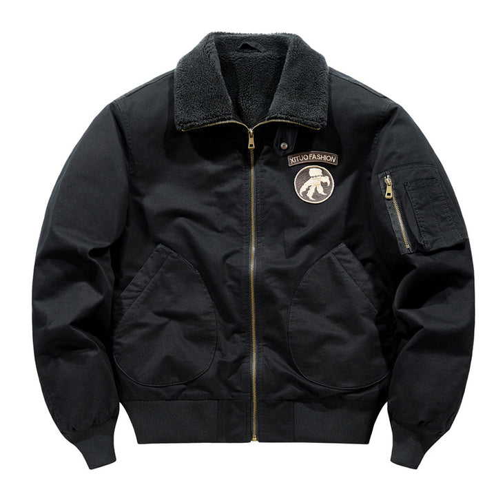 Men's shearling-collar aviator bomber jacket with utility sleeve pocket – Brevano