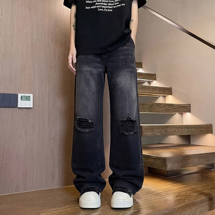Herren Weite Baggy-Jeans mit Used‑Wash, Knie‑Rips & Utility‑Nähten Echoarchiv