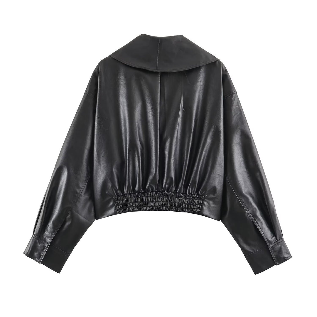 Damen Kurzer Kunstleder-Blouson mit übergroßem Schalkragen und Taillenriemen Echo Archiv