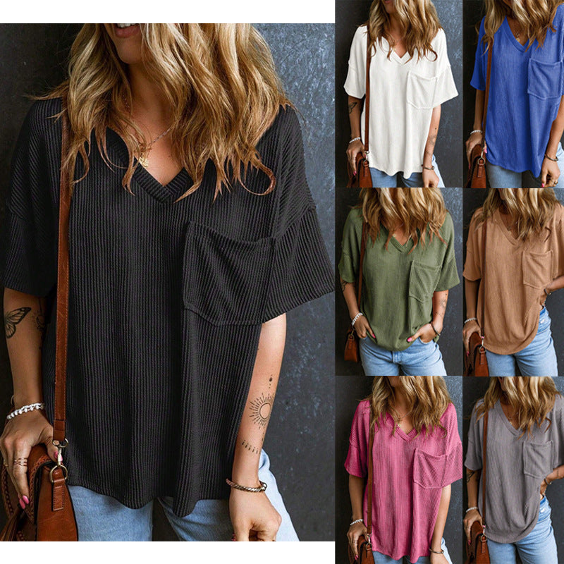 Damen Lässiges Rippstrick Oversize T-Shirt mit V-Ausschnitt und Brusttasche Echo Archiv