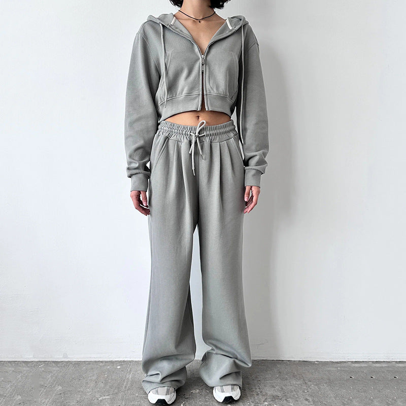 Damen kurzes Zip-Kapuzenjacken- und High-Waist Wide-Leg Jogginghose Set aus weichem French Terry – Élanora