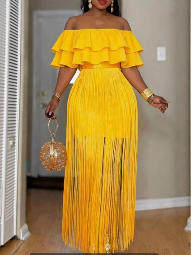 Damen Off-Shoulder Kleid mit fransendem Saum Echo Archiv