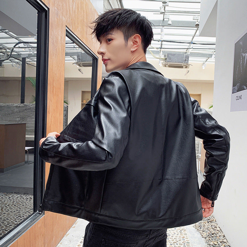 Herren minimalistisches Kunstleder-Zipblouson mit Hemdkragen und Pattentaschen Echoarchiv